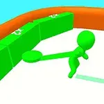 Grønn stilisert figur med balltrebevegelse i et fargerikt rom med oransje og grønne elementer