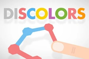 Logo med fargerik tekst DISCOLORS over en hånd som berører et geometrisk mønster i blått og rødt