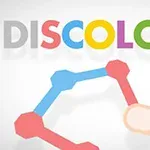 Logo med fargerik tekst DISCOLORS over en hånd som berører et geometrisk mønster i blått og rødt