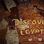 To personer avbildet i gammel egyptisk stil med teksten Discover Egypt i midten