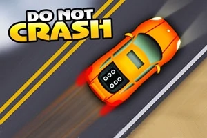 En oransje bil kjører på en vei med dobbelt gul midtlinje, med teksten DO NOT CRASH øverst i bildet