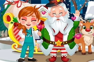 En tegneseriefigur kledd som lege står ved siden av en julemann med reinsdyr og slede i bakgrunnen, omgitt av snø og julepynt