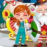 En tegneseriefigur kledd som lege står ved siden av en julemann med reinsdyr og slede i bakgrunnen, omgitt av snø og julepynt
