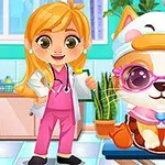 En tegnet jente i rosa sykepleieruniform står ved siden av en søt katt med solbriller og legeutstyr i et lyst klinikkrom