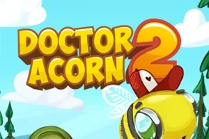 Fargerik illustrasjon med teksten Doctor Acorn 2 i gule bokstaver, over en animering av en bie med store øyne og en legehatt