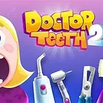 Tegnet bilde av en redd jente med åpne munner og tannlegeverktøy ved siden av, med teksten Doctor Teeth 2 i bakgrunnen