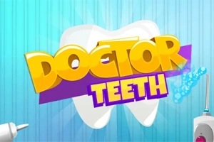 Tannlege-tema grafikk med store gule og lilla bokstaver Doctor Teeth foran en hvit tann, med tannlegeverktøy og tannkrem i hjørnene
