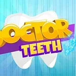 Tannlege-tema grafikk med store gule og lilla bokstaver Doctor Teeth foran en hvit tann, med tannlegeverktøy og tannkrem i hjørnene