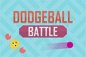 Logo med teksten Dodgeball Battle i sterke farger, med et smilende ansikt, to røde hansker og en lilla ball