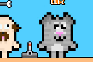 Pixelert tegning av en grå katt ved siden av en figur og en spak på en blå bakgrunn