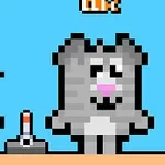 Pixelert tegning av en grå katt ved siden av en figur og en spak på en blå bakgrunn