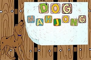 En tegnet hund står ved siden av et skilt med teksten Dog Mahjong i fargerike bokstaver