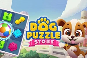 Illustrasjon av et fargerikt puslespillbrett med ikoner, ved siden av en søt animerte valp og teksten Dog Puzzle Story