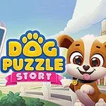 Illustrasjon av et fargerikt puslespillbrett med ikoner, ved siden av en søt animerte valp og teksten Dog Puzzle Story