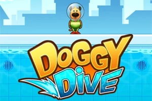 En figur av en hund med hjelm står ved kanten av et basseng over teksten Doggy Dive