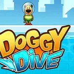 En figur av en hund med hjelm står ved kanten av et basseng over teksten Doggy Dive