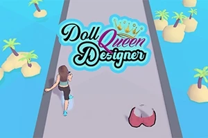 En animert kvinne løper på en vei omgitt av palmer og små øyer i et turkisblått landskap, med teksten Doll Queen Designer over