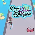 En animert kvinne løper på en vei omgitt av palmer og små øyer i et turkisblått landskap, med teksten Doll Queen Designer over
