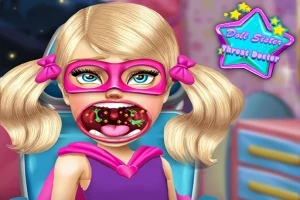 En ung jente med rosa maske og kappe har munnen åpen, og viser et illustrert problem i halsen