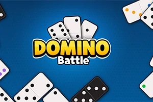 En blå bakgrunn med dominobrikker i ulike posisjoner og teksten DOMINO Battle i midten