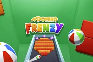 Fargerik tekst Domino Frenzy på grønn bakgrunn med strandballer og en brettspill-bane med dominobrikker