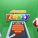 Fargerik tekst Domino Frenzy på grønn bakgrunn med strandballer og en brettspill-bane med dominobrikker