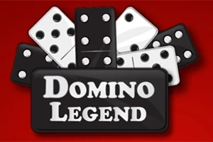 Domino-brikker i svart og hvitt arrangert mot en rød bakgrunn med teksten Domino Legend i forgrunnen