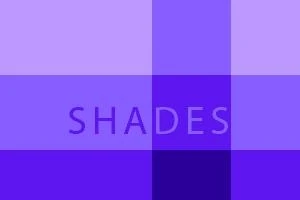 En mosaikk av lilla firkanter med ordet SHADES i sentrum