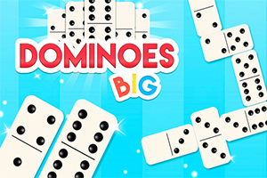 Illustrasjon av dominobrikker spredt over en lyseblå bakgrunn med teksten Dominoes Big i rødt og gult