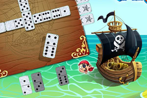 Pirattema med domino-brikker, et sjørøverskip med hodeskalleflagg, og en liten piratfigur på et hav