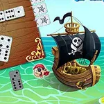 Pirattema med domino-brikker, et sjørøverskip med hodeskalleflagg, og en liten piratfigur på et hav