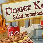 Doner kebab-stand med skilt, pommes frites, brus og tilbehør som salater og sauser