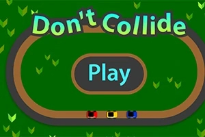 Don't Collide Tegning av en oval racerbane med tre fargerike biler, teksten Dont Collide øverst og en Play-knapp i midten