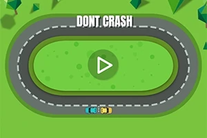 To biler på en oval vei med teksten DONT CRASH øverst og en grønn play-knapp i midten