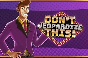 En tegnet figur iført lilla dress står ved siden av en stor skilt med teksten Dont Jeopardize This!