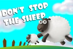 To an hvite sauer som hopper over en grønn eng med teksten Dont Stop the Sheep i bakgrunnen