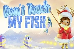 En tegnet figur i rød kappe og reinsdyrhorn holder en fiskestang med en fisk foran en snødekt bakgrunn med teksten Dont Touch My Fish i blå bokstaver