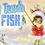 En tegnet figur i rød kappe og reinsdyrhorn holder en fiskestang med en fisk foran en snødekt bakgrunn med teksten Dont Touch My Fish i blå bokstaver