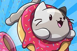En tegnet katt hoppende gjennom en rosa smultring med regnbuefargede strøssel på en blå bakgrunn