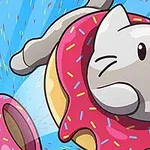 En tegnet katt hoppende gjennom en rosa smultring med regnbuefargede strøssel på en blå bakgrunn