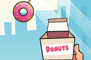 En illustrasjon av en hånd som holder en åpen eske merket donuts med en rosa smultring suspendert i luften ved siden av