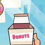 En illustrasjon av en hånd som holder en åpen eske merket donuts med en rosa smultring suspendert i luften ved siden av
