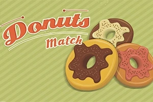 Teksten Donuts Match vises over tre smultringer med forskjellige glasurfarger på en grønn stripet bakgrunn