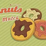 Teksten Donuts Match vises over tre smultringer med forskjellige glasurfarger på en grønn stripet bakgrunn