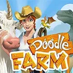 En person med cowboyhatt står ved siden av en enhjørning og en flygende dinosaur, med fargerik tekst med ordene Doodle Farm