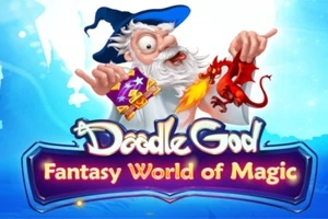 En tegneserieaktig trollmann med blå hatt holder en rød drage som spyr ild, med teksten Fantasy World of Magic under