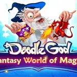 En tegneserieaktig trollmann med blå hatt holder en rød drage som spyr ild, med teksten Fantasy World of Magic under