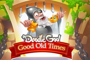 En tegneseriefigur med langt skjegg og metallhjelm holder en gullnøkkel under et banner med teksten Good Old Times omgitt av kjettinger og grønn vegetasjon
