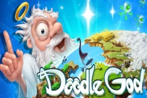 En tegneserieaktig, eldre mann med stort hvitt skjegg og glorie peker mot en svevende, fargerik øy i et fantasifullt landskap med teksten Doodle God nederst
