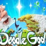 En tegneserieaktig, eldre mann med stort hvitt skjegg og glorie peker mot en svevende, fargerik øy i et fantasifullt landskap med teksten Doodle God nederst